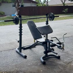 GOLDS GYM ADJUSTABLE BENCH / BAR & HOLDER /  & 130 LBS  OF PLATES : (With Arm & Leg Attachment) + BARBELL BAR & 130 LBS. OF GOLDS GYM OLYMPIC PLATES