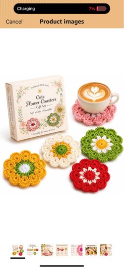 Stocking Stuffers for Women,Coasters for Drinks Set of 5, Cute Flower Crochet Coasters for Coffee Table and Desk, Aesthetic Home Decor Accessories, Ch