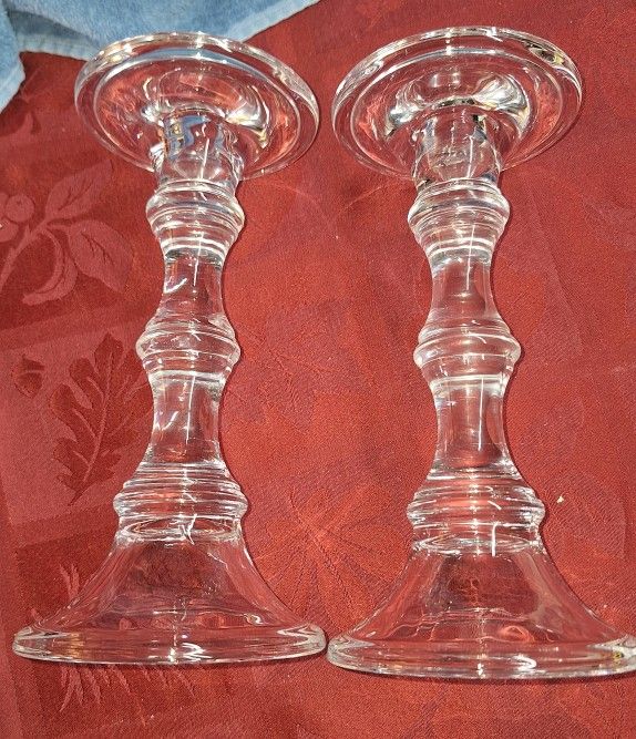 Two Vintage Pressed Glass Candle Holders, Pillar & Taper, 9 Inches Tall, Clear Glass One with Small Chip Mid Stem See Last Photo P8R506