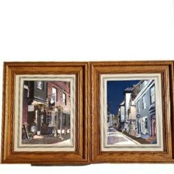 English village framed foil art x2