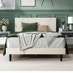 IOILORI Full Size Bed Frame, Full Platform Bed Frame with Velvet Upholstered Headboard, Geometric, Sturdy Frame and Wooden Slats, Noiseless, No Box Sp