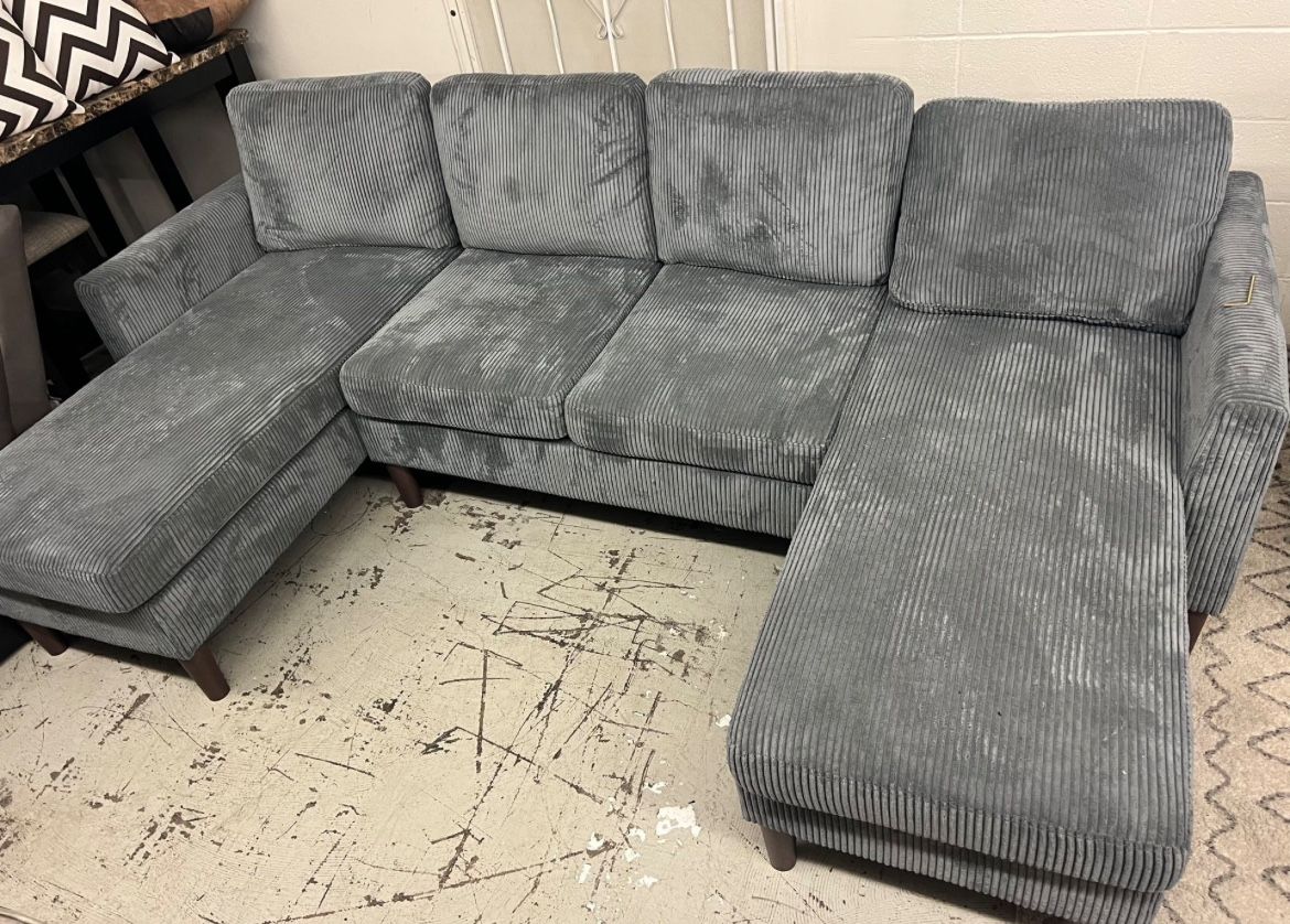 Brand New Grey Corduroy Sectional Sofa with 2 Chaises for Sale.