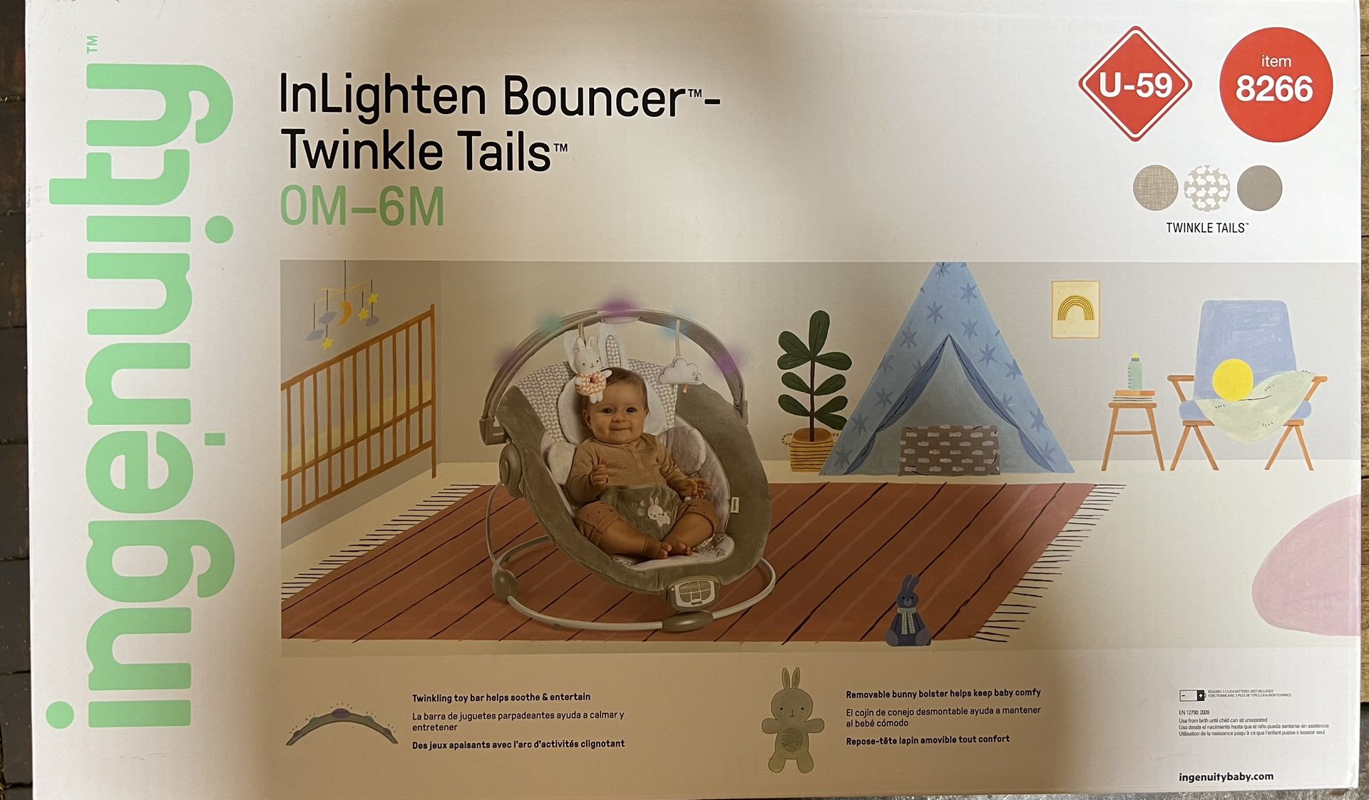 InLighten by Ingenuity Twinkle Tails Vibrating Infant Baby Bouncer with Lightning Toy Bar and Pillow