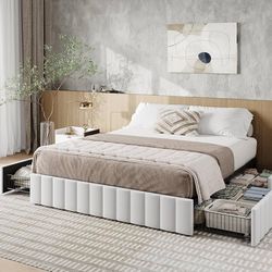 Queen Size Platform Bed Frame with 4 Large Storage Drawers, Velvet Vertical Channel Tufted Upholstered Bed Base, Wooden Slats Support, Noise-Free, No 