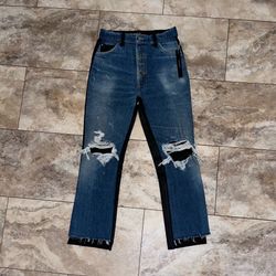 AMIRI Women’s Leather Denim Crop Flare Jeans Med Indigo/Black Distressed Women’s Size 27