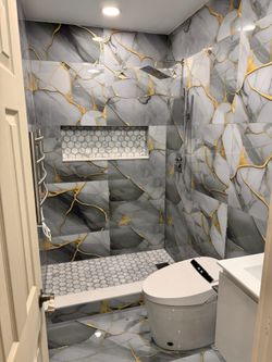 Bathroom Tile With Toilet And Beautiful Vanity 