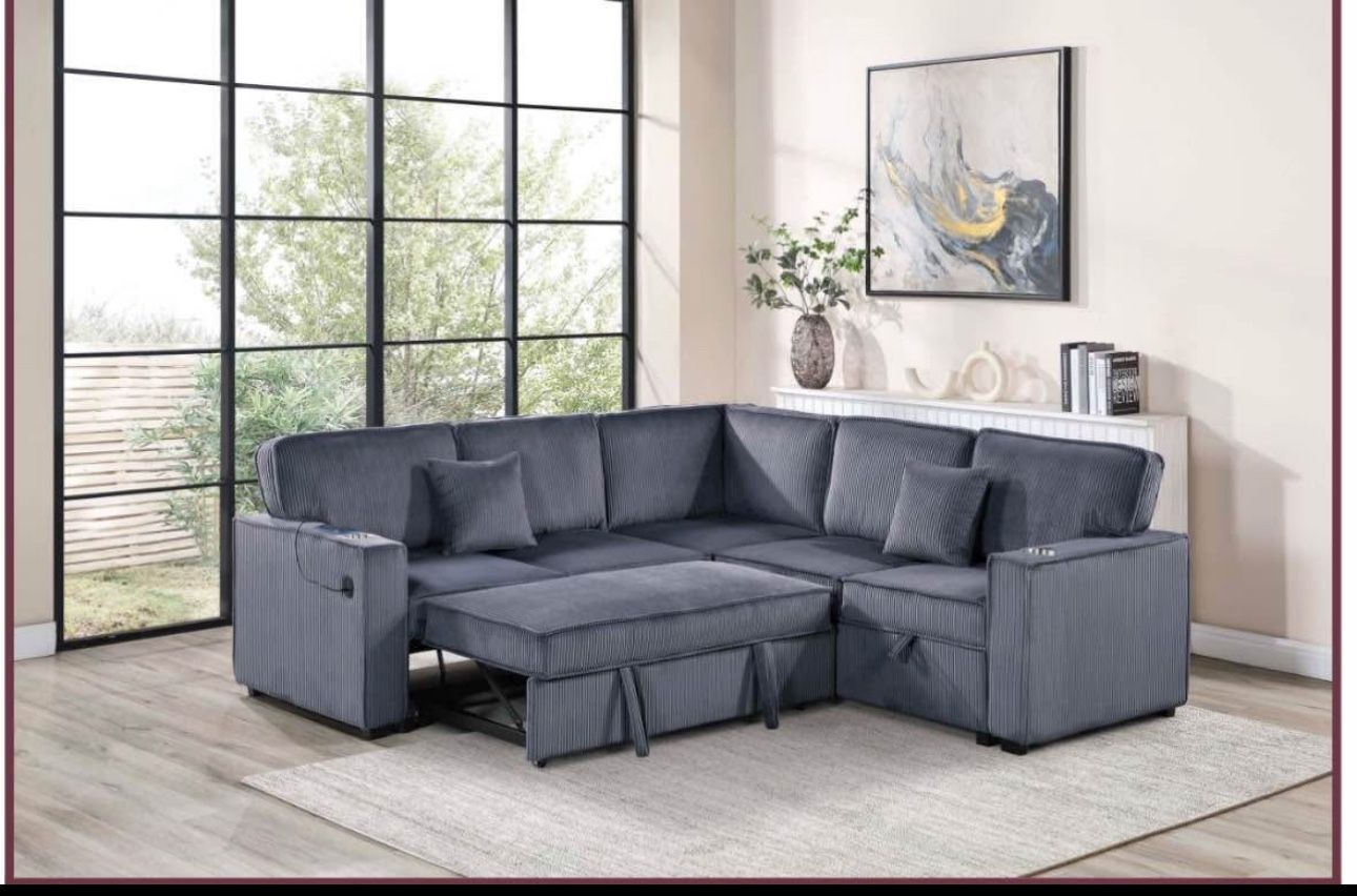$530 Sectional Pull Out Bed With Storage Plus USB Cup Holder