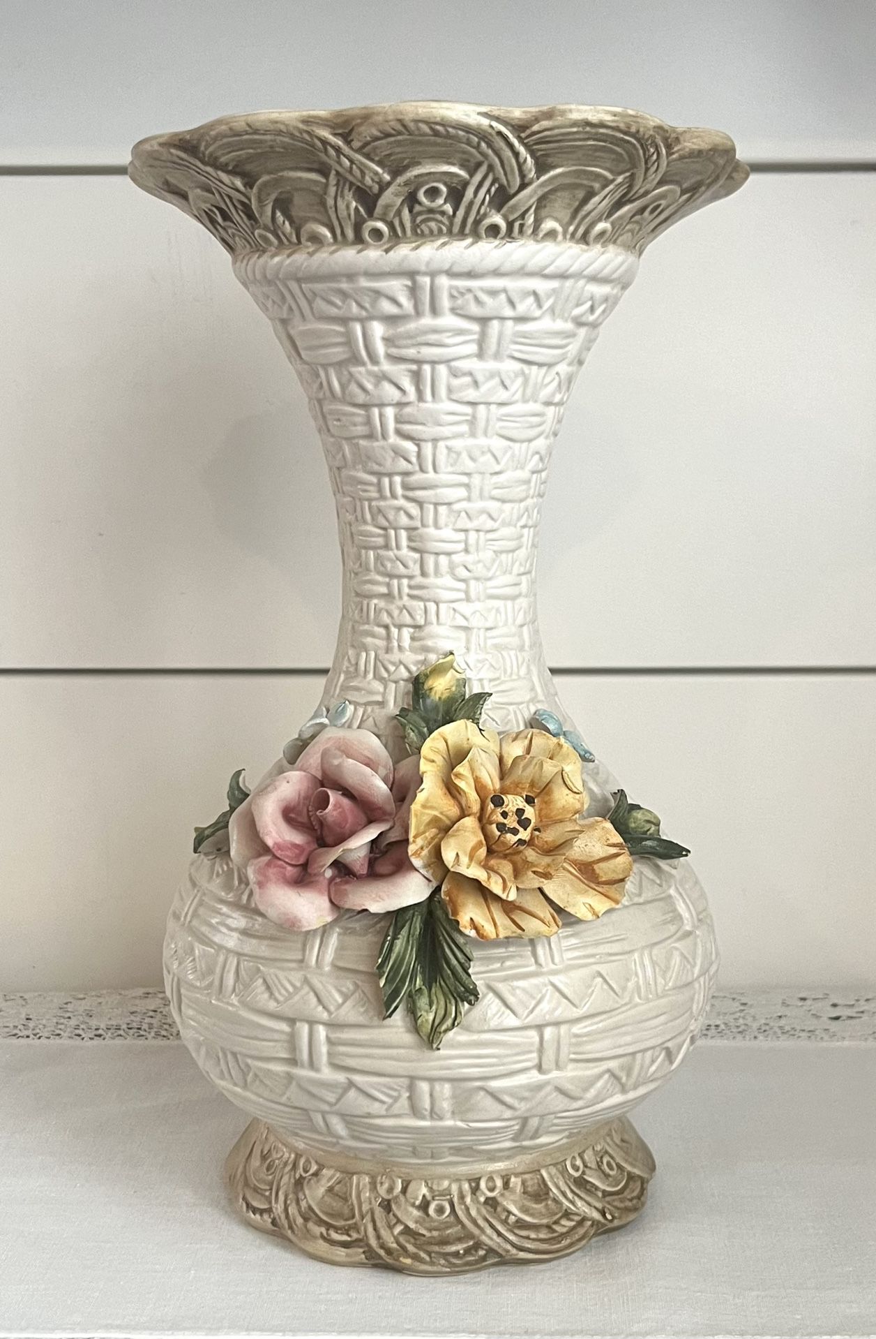 Vintage Capodimonte Floral Vase Pink, Yellow & Blue Flowers Made in Italy
