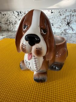 Adorable Ceramic Bassett Hound Puppy Dog Planter “ Get Well Soon”