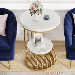 Round Gold 2 Tiers Marble Side Table 
