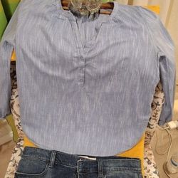  Jean skirt,mid-long sleeve baby blue top,earings.