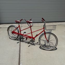 1950/60’s RED Huffy Tandem 2 Seater Bicycle I think is a DAISY DAISY with Red & White Seats Bike and seats redone recently.  Wide white wall tires are