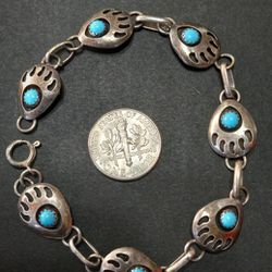 Tribal Sterling Silver Turquoise Shadow Box Bear Paw Claw Link Bracelet 7.25 Inch Signed Peter Mother's Day 