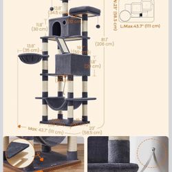 Cat Tree, Large Cat Tower Condo with 13 Scratching Posts, 2 Perches, 2 Caves, Basket, Hammock, Pompoms, Multi-Level Design, Smoky Gray UPC