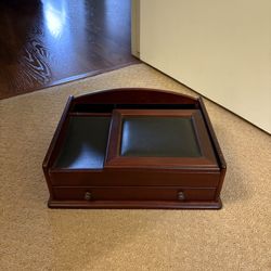 Cherry color Wood &  leather charging station with lots of compartments for jewelry and watches also in excellent condition