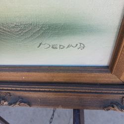 Vintage framed flowers in vase still life painting signed Medino