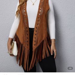 Brown Fringe Hem Open Front Suedette Vest Size 12/ XL 