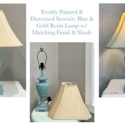Freshly Painted & Distressed Serenity Blue & Gold Resin Lamp w/ Matching Finial & Shade