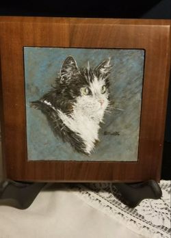 Original Oil Painting Of Cute Cat On Slate Framed In Wood.  8×8". $150