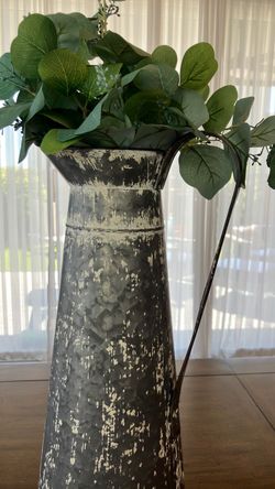 Farmhouse Distressed Galvanized Pitcher Vase with Eucalyptus Plant