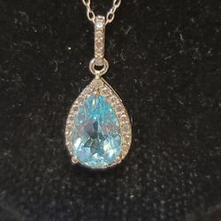 Aquamarine Pendant Necklace Pear Shape 925 Sterling Silver Setting Chain 