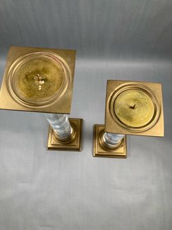 Vintage MCM Brass And Lucite Candle Holders.  15.5" & 18" Over all good condition