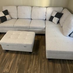 Light Grey White Sectional Sofa Set W/ Ottoman (Right Chaise) 👍FREE FINANCING AVAILABLE❗NO CREDIT CHECK❗ 