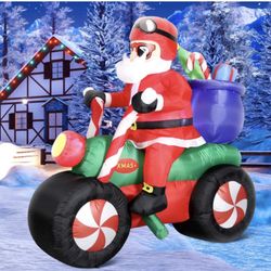 DomKom 6FT Christmas Inflatables Santa Claus Ride Motorcycle Blow up Giant Yard Decoration, Outdoor Built-in LED Lights Party Lawn Holiday Winter Deco