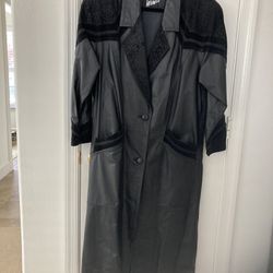 Vintage Full Length Black Leather Dress Coat 