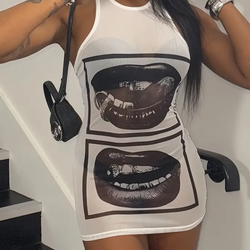 Women's Casual Bodycon Dress with Geometric Black & White Applique - Sleeveless, Knee-Length, Round Neck, Stretchy Polyester Blend for Casual Attire, 