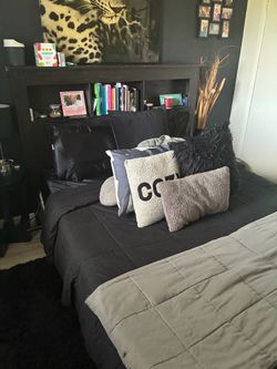 Dark Wood Bookcase Headboard Bed Frame