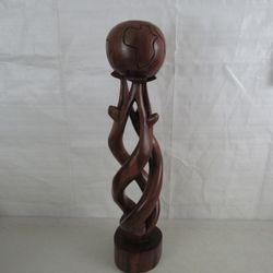 African Hand Carved Wooden World Unity 3 People Holding Globe 24" Tall

