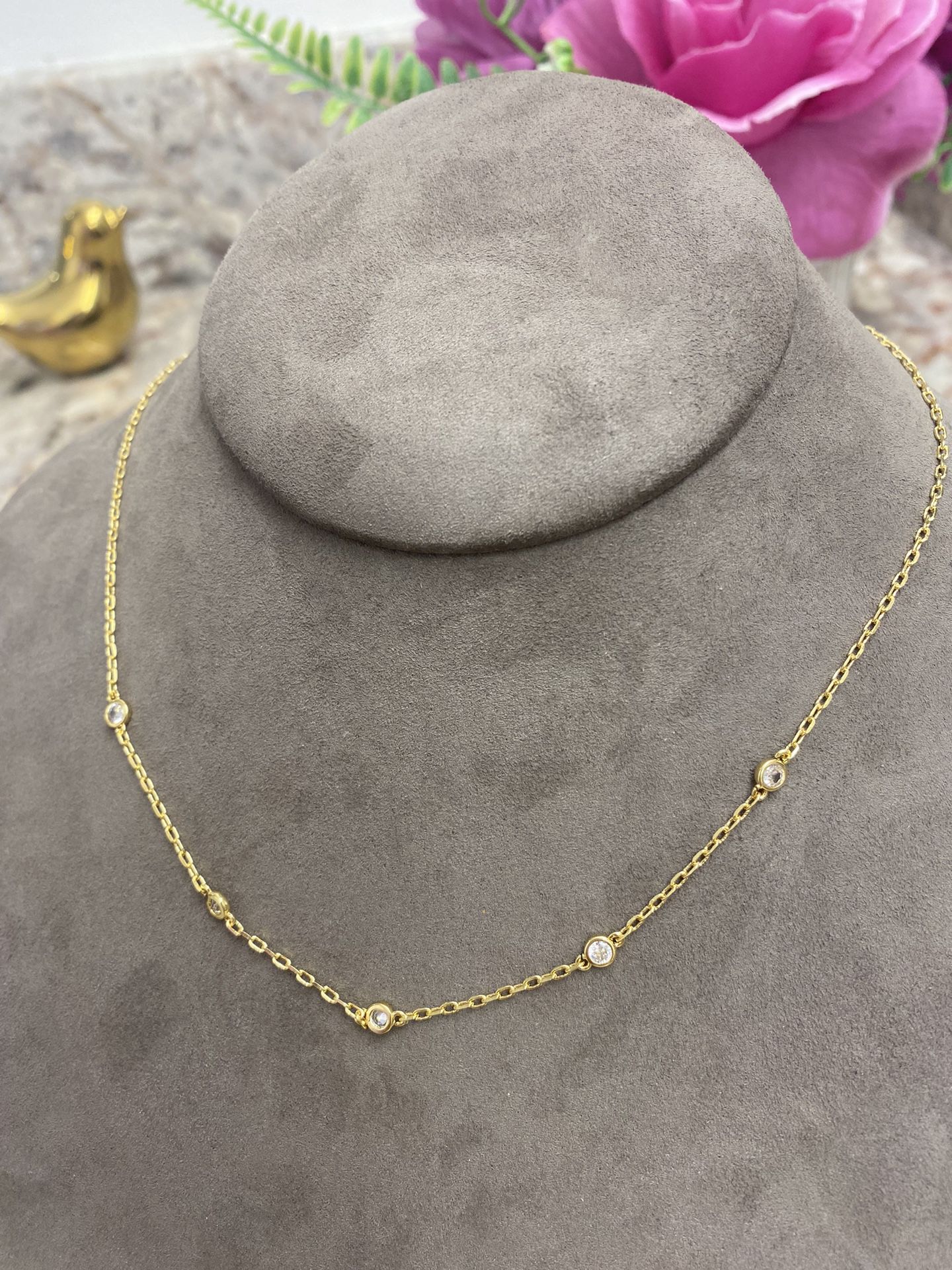 14K Gold Dipped Station Necklace Simulated Diamond Women’s CZ Chain Layering.  Length 17 - 19 inches