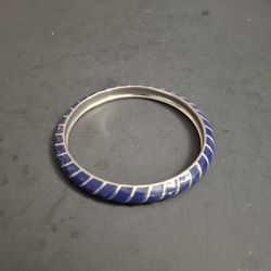 Silver-tone Vibrant Dark Blue Enamel Inlay Bangle Bracelet W/Diagonal Stripe Design Domed Nautical Look 2 5/8" Opening