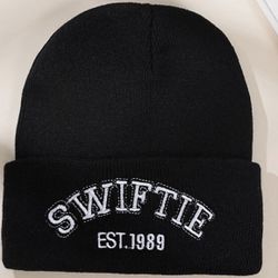 Swiftie Black Cotton Cuffed Beanie White Swiftie Logo Embroidery