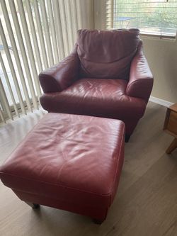Red Leather Armchair + Ottoman