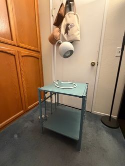 Two Teal Metal Two-Tier Side Table w Lamp