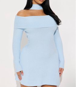 Baby Blue Off-Shoulder Ribbed Sweater Mini Dress small