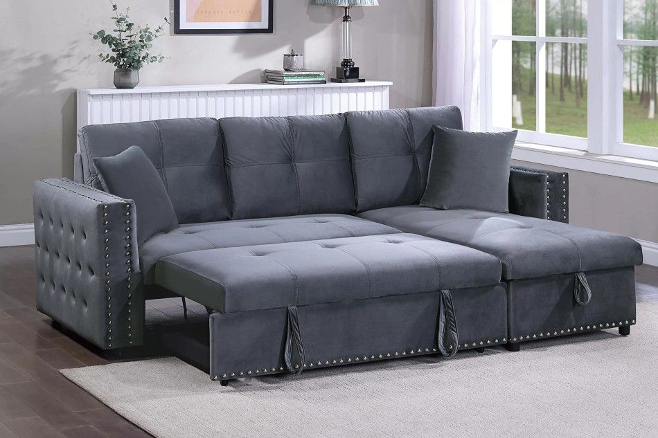 Brand New Grey Velvet Sectional Sofa Storage Sleeper 