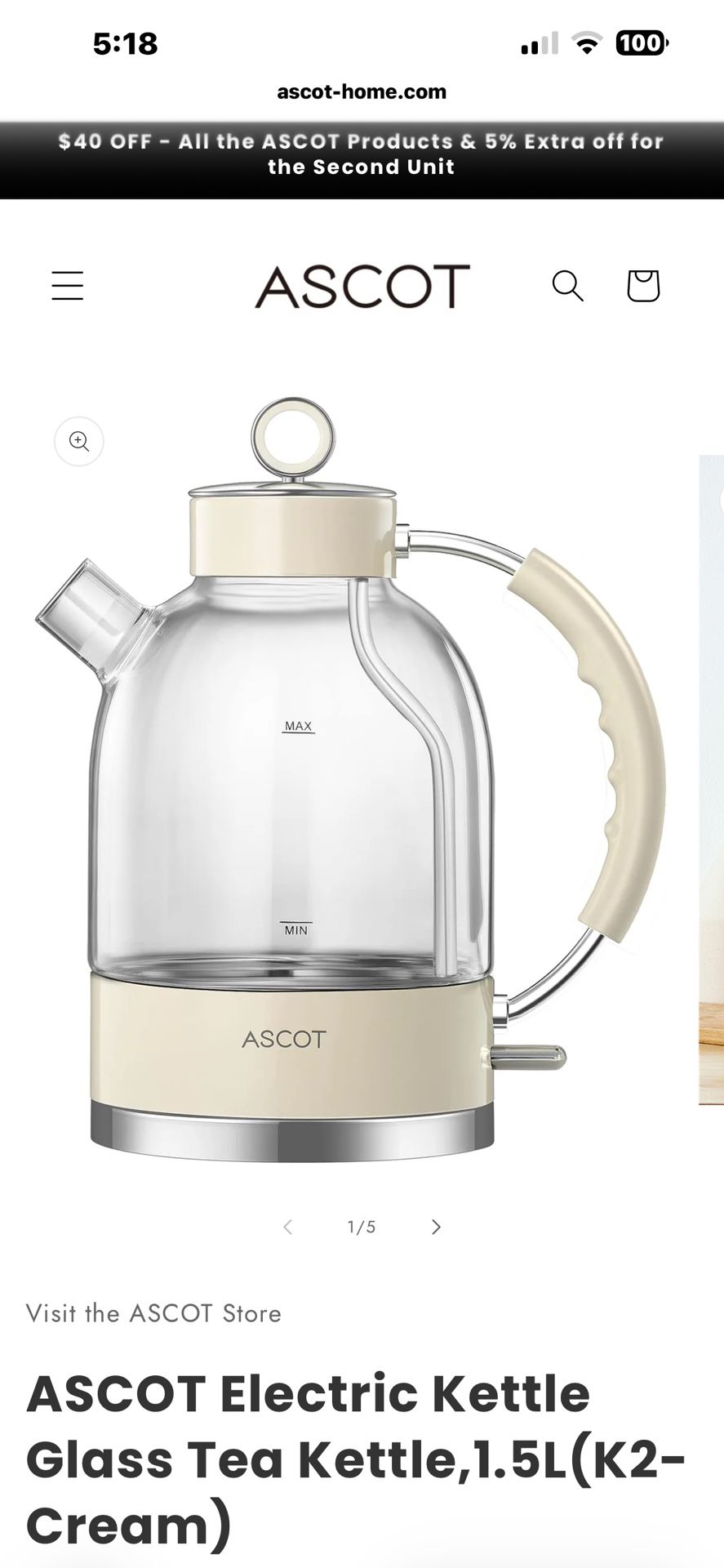 Ascot Electric Kettle- New Crème