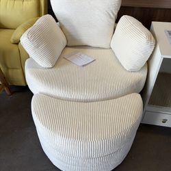 Swivel Accent Chair with Half Moon Ottoman, Round Chairs with Drawer Storage for Living Room, 360° Barrel Chair with USB Charging Port ,White Corduroy