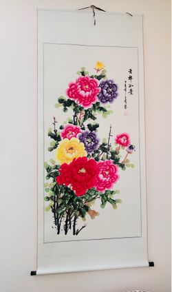 Vintage traditional Chinese Peony Flower Hanging Scroll Art 29”x 70”
