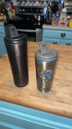 2 vintage Starbucks lidded metal tumblers