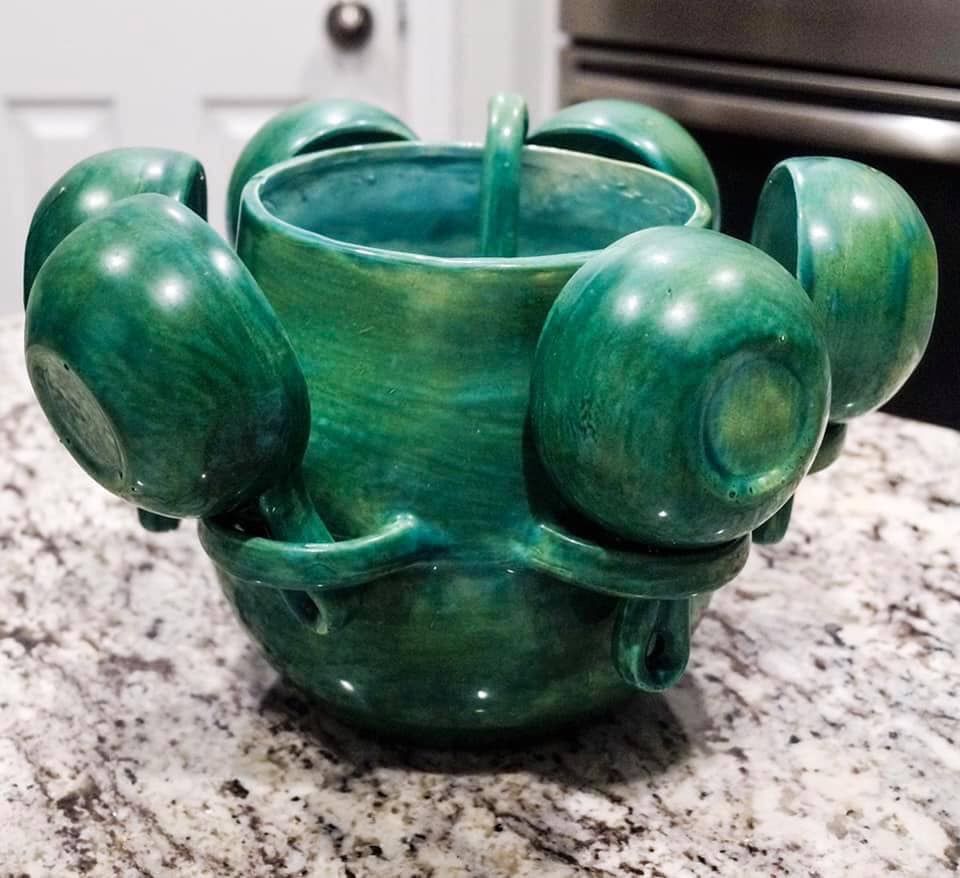 Green Ceramic Punch Bowl/Bean Pot with Ladle and 6 cups