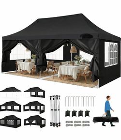 10x20 Outdoor Canopy Tent for Parties, Heavy Duty Pop Up Canopy with Removable Sidewalls, Black