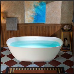 B0048，66-7/8" L x 32-5/8" W Luxury Contemporary Solid Surface Stone Resin Freestanding Bathtub in Matte White