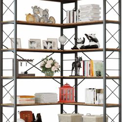 Office, 6-Shelf Corner Bookcase, Vintage Industrial T-3