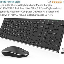Arteck 2.4G Wireless Keyboard and Mouse Combo HW193MW162 Stainless Ultra Slim Full Size Keyboard and Ergonomic Mouse for Computer Desktop PC Laptop an