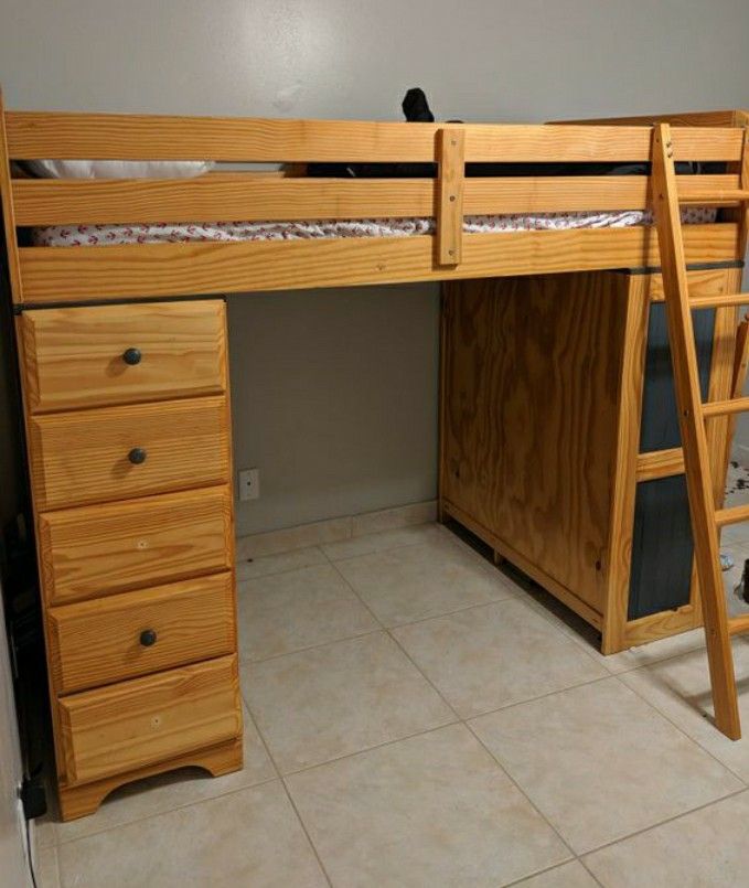 Solid wood loft bunk bed with desk, chair and draws