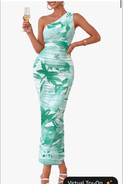 One-Shoulder Tropical Print Ruched Maxi Dress